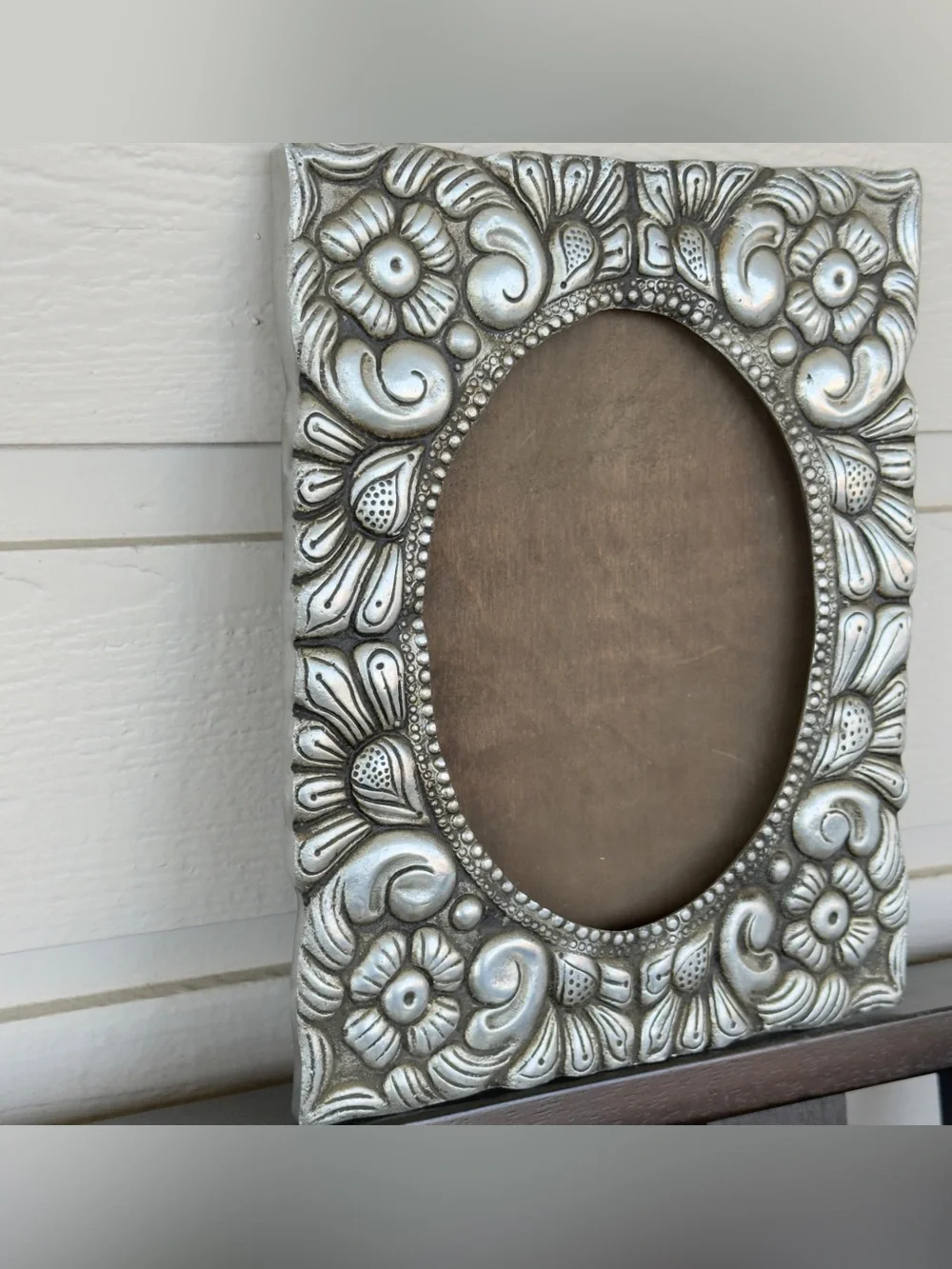 Vintage Pewter? Metal Picture Frame w Ornate Floral & Scroll Repoussé Motif